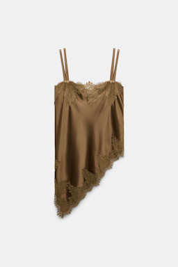 Dorothee Schumacher Satin camisole with diagonal lace hem porcini
