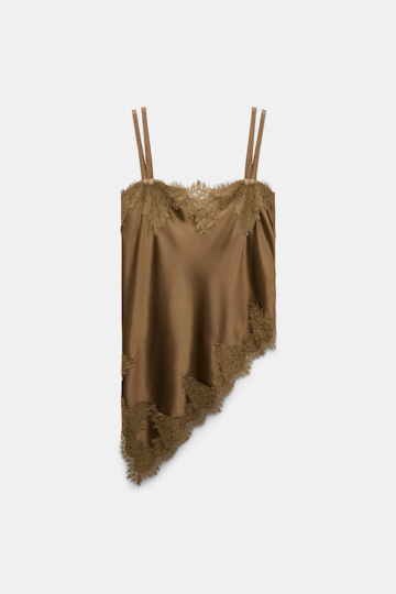 Dorothee Schumacher Satin camisole with diagonal lace hem porcini Product Front View