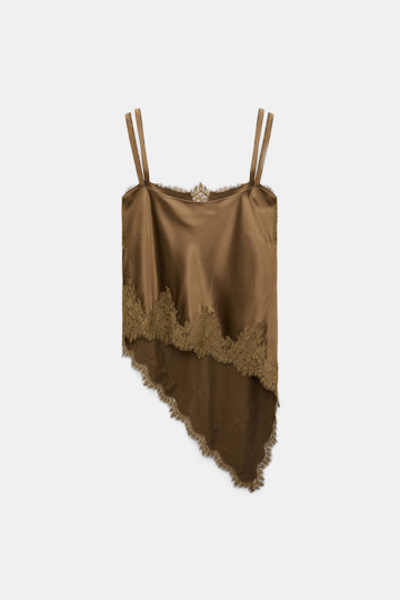 Dorothee Schumacher Satin camisole with diagonal lace hem porcini Product Detail View