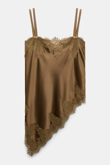 Dorothee Schumacher Satin camisole with diagonal lace hem porcini Product Detail View