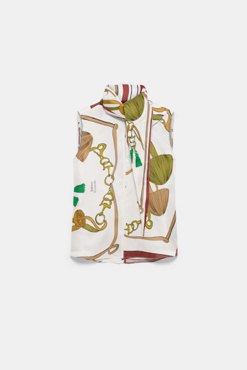Dorothee Schumacher Sleeveless printed silk twill blouse Brown Ribbon scarf Product Front View