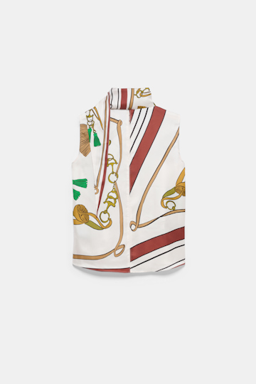 Dorothee Schumacher Sleeveless printed silk twill blouse Brown Ribbon scarf Product Detail View
