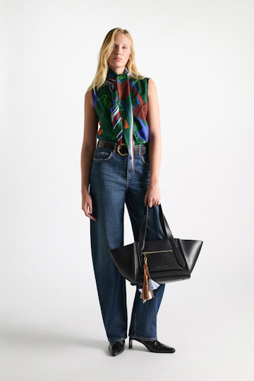Dorothee Schumacher Handmade leather mushroom styling accessory blue tan mix Model Front View