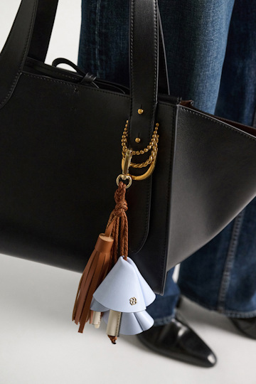 Dorothee Schumacher Handmade leather mushroom styling accessory blue tan mix Model Detail View