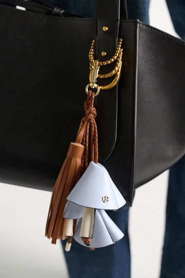 Dorothee Schumacher Handmade leather mushroom styling accessory blue tan mix Model Detail View