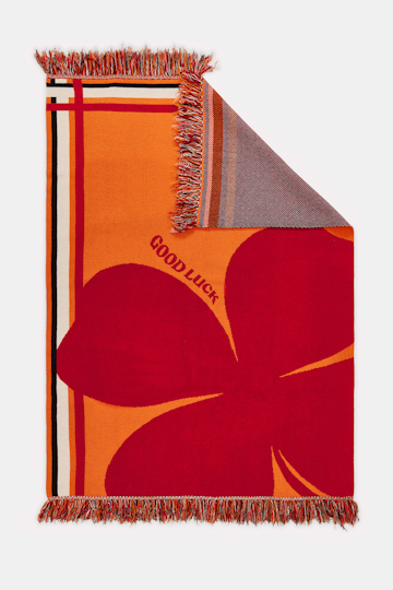 Dorothee Schumacher Wool blanket with GOOD LUCK clover motif orange verde militar mix
