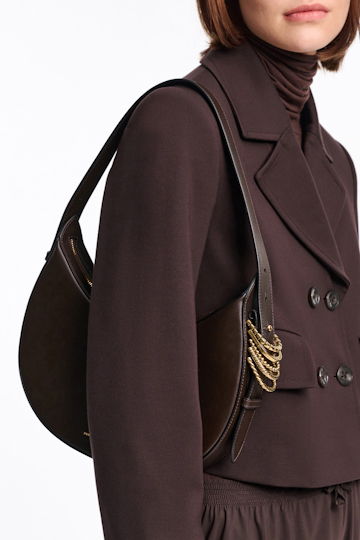 Dorothee Schumacher Half Moon Bag in soft calf leather with D-ring hardware Dark Chocolate