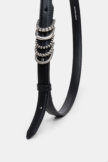 Dorothee Schumacher Schmaler Gürtel aus weichem Kalbsleder mit D-Rings black with silver