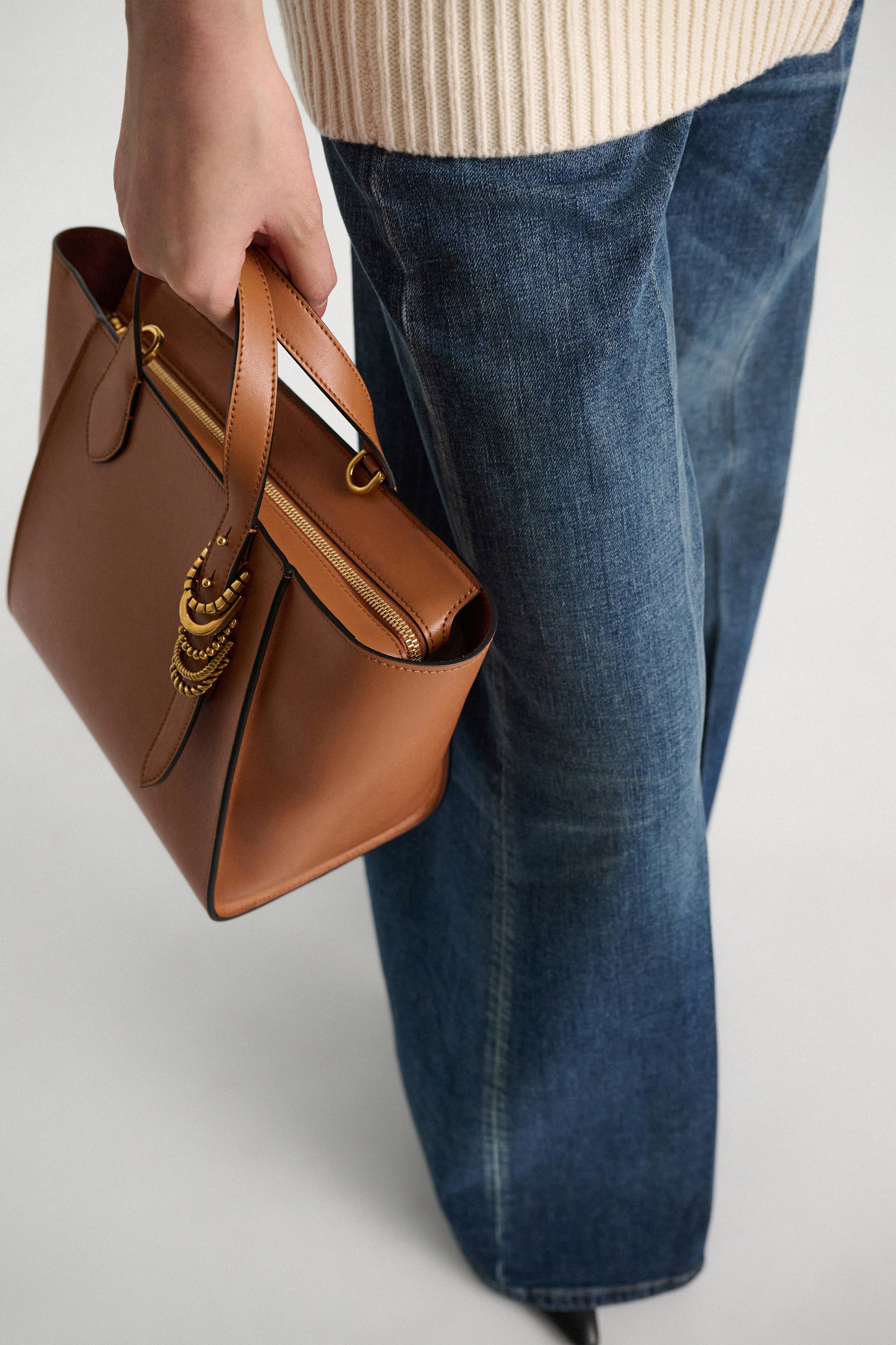 Dorothee Schumacher Crossbody Tote Bag in soft calf leather with D-ring hardware tan