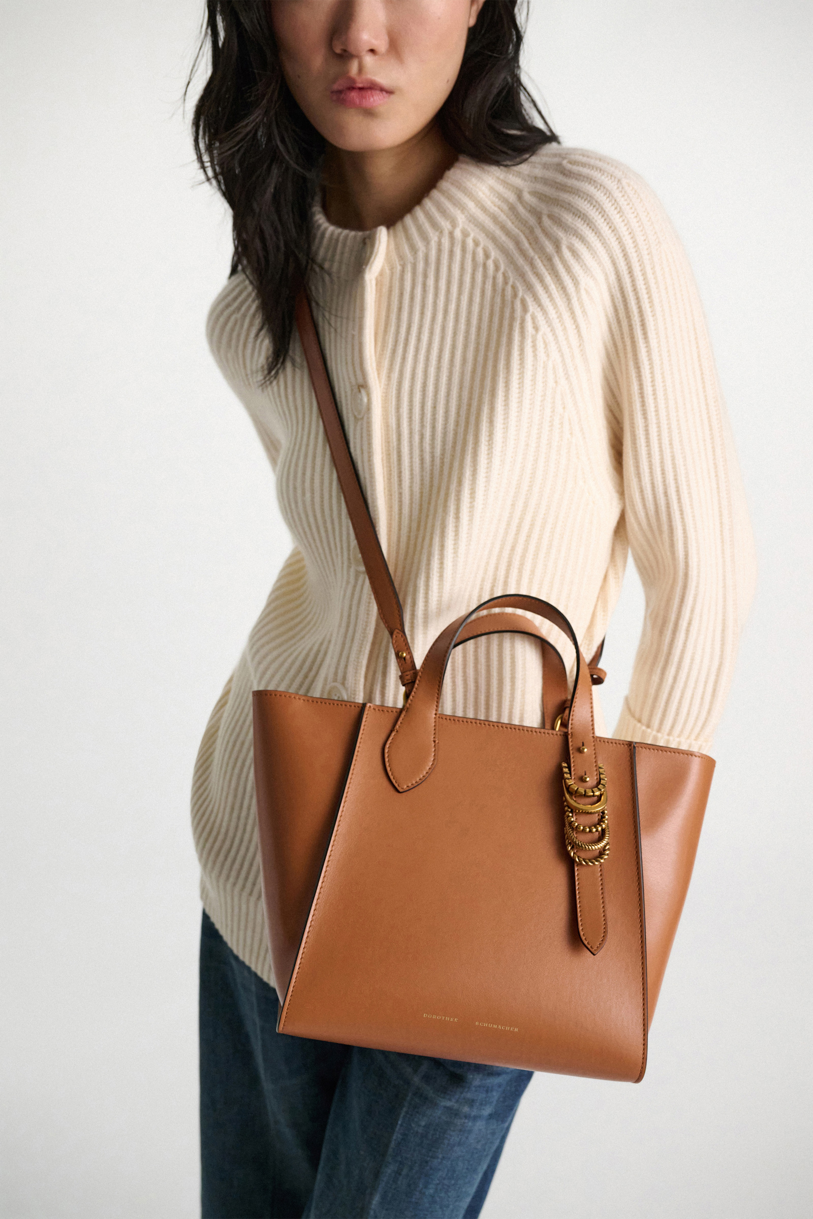 Dorothee Schumacher Crossbody Tote Bag in soft calf leather with D-ring hardware tan