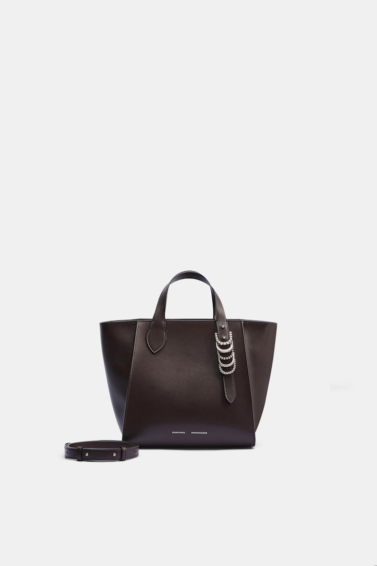 Dorothee Schumacher Crossbody Tote Bag in soft calf leather with D-ring hardware Dark Chocolate