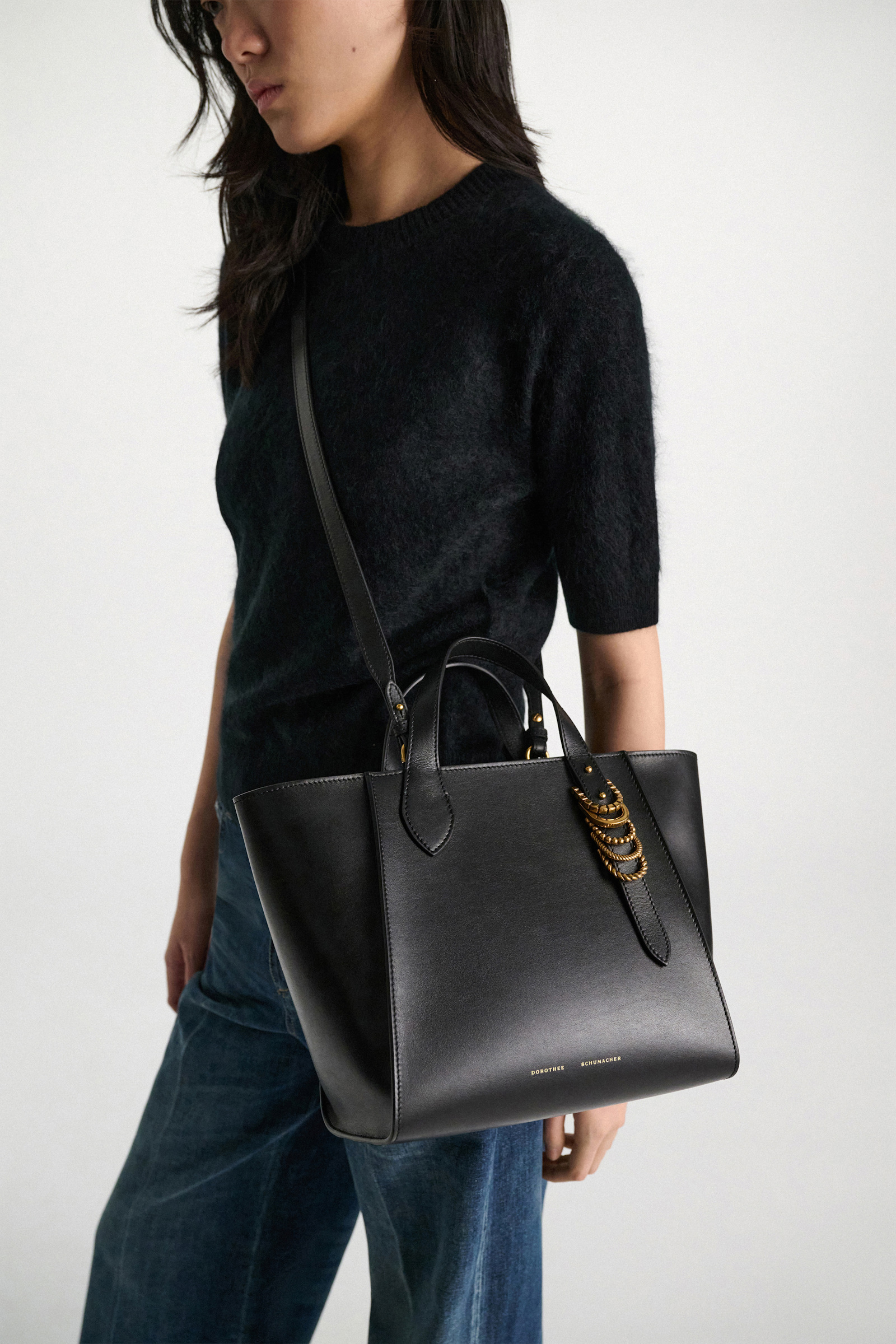 Dorothee Schumacher Crossbody Tote Bag in soft calf leather with D-ring hardware black