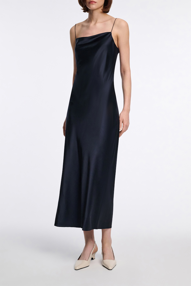 Dorothee Schumacher Kleid aus Satin mit Wasserfallausschnitt dark navy