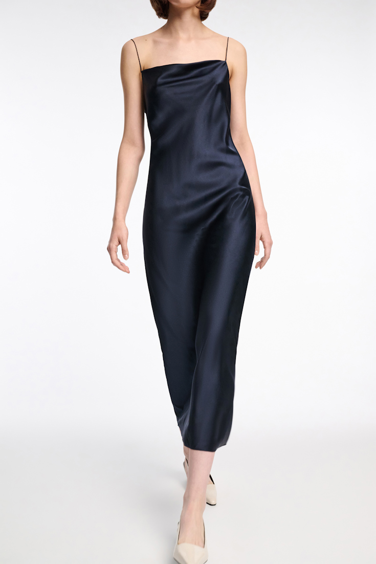 Dorothee Schumacher Kleid aus Satin mit Wasserfallausschnitt dark navy
